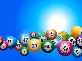 Wall Mural - Bingo balls floating over blue sunny sky