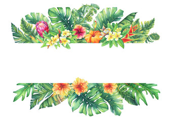 banner with branches purple protea flowers, plumeria, hibiscus and tropical plants. hand drawn water