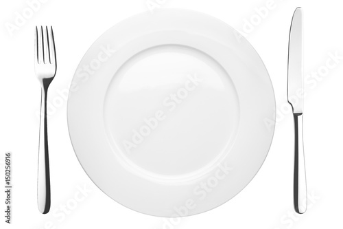 Fényképezés  Empty plate, fork, knife, clipping path,
white background, isolated, top view f