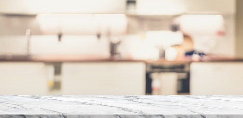 Fototapete - Empty White marble table top view with blurred home kitchen,Mock up template for display or montage of your design,Banner for advertise of product,panorama view