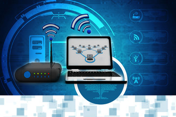 Poster - 3d rendering Transmitter Wi-Fi modem with laptop
