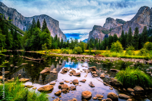 Yosemite Valley View featuring El Capitan, Cathedral Rock and The Merced River Canvas Print