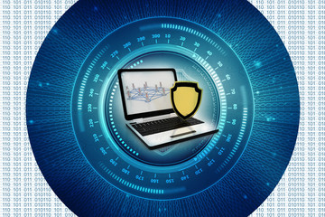 Poster - laptop with shield. Isolated 3d rendering image
