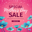 Template design discount banner for happy mother's day. Square poster for special mother's day sale with blue nature, flower decoration.  Square layout on pink background. Vector.