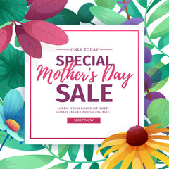 Wall Mural - Template design discount banner for happy mother's day. Square poster for special mother's day sale with flower decoration.  Square layout on natural, floral background. Vector.