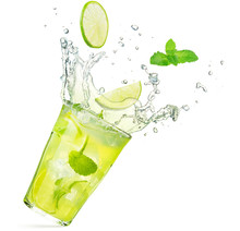 Lime And Mint Falling Into A Splashing Mojito 