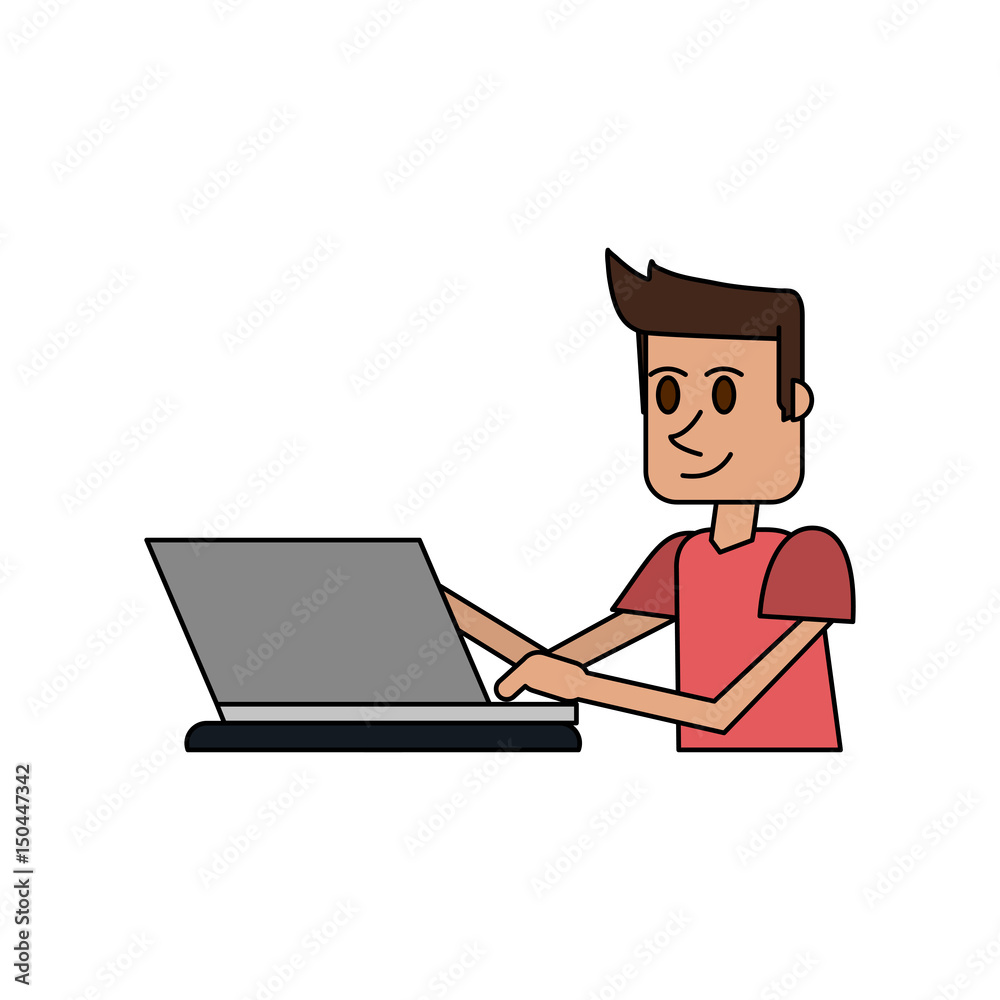 colorful image cartoon side view half body guy with laptop computer ...