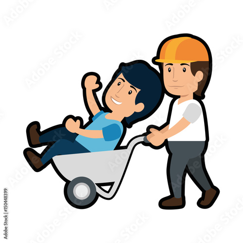 Construction Worker And Wheelbarrow With A Man Inside Cartoon Icon Over White Background Vector Illustration Buy This Stock Vector And Explore Similar Vectors At Adobe Stock Adobe Stock