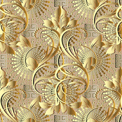 Gold damask seamless pattern. Floral  vector  background wallpaper with vintage gold 3d flowers, leaves, greek key ,radial circles, sun,  squares. Modern ornaments with floral and geometric elements