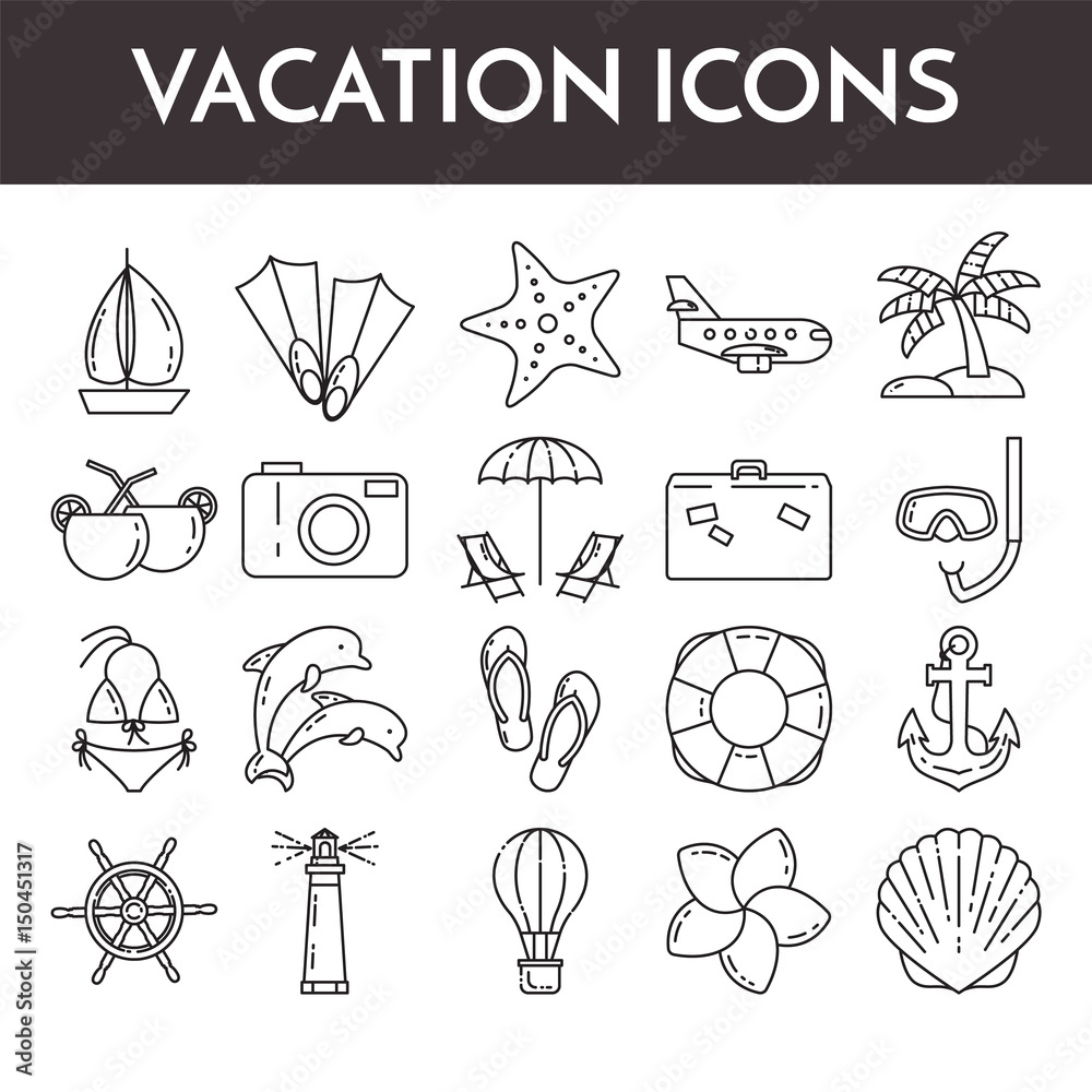 Set of thin line icons with vacation symbols. Traveling pictograms for ...