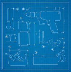 Blueprint building tool set. Drawing plan layout of industrial and home instrument for construction and repair