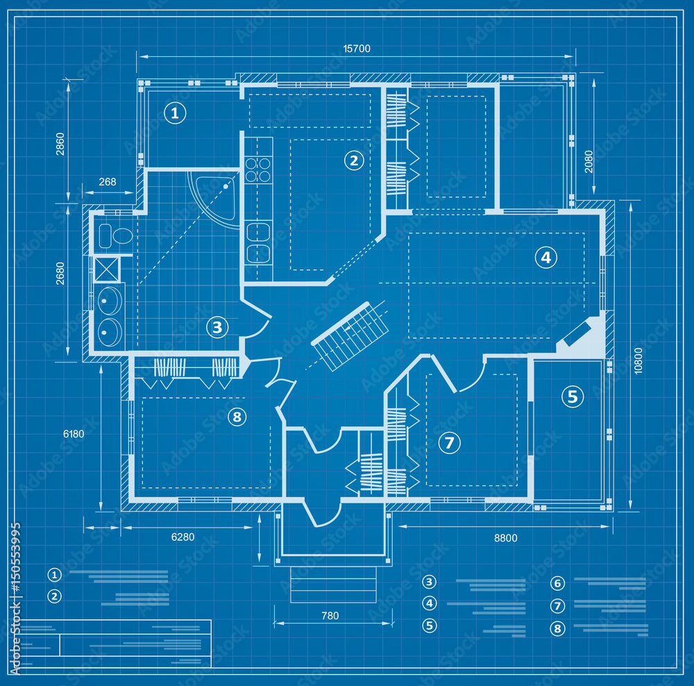 Blueprint house plan drawing. Figure of the jotting sketch of the construction and the industrial skeleton of the structure with the plan and dimensions - obrazy, fototapety, plakaty 