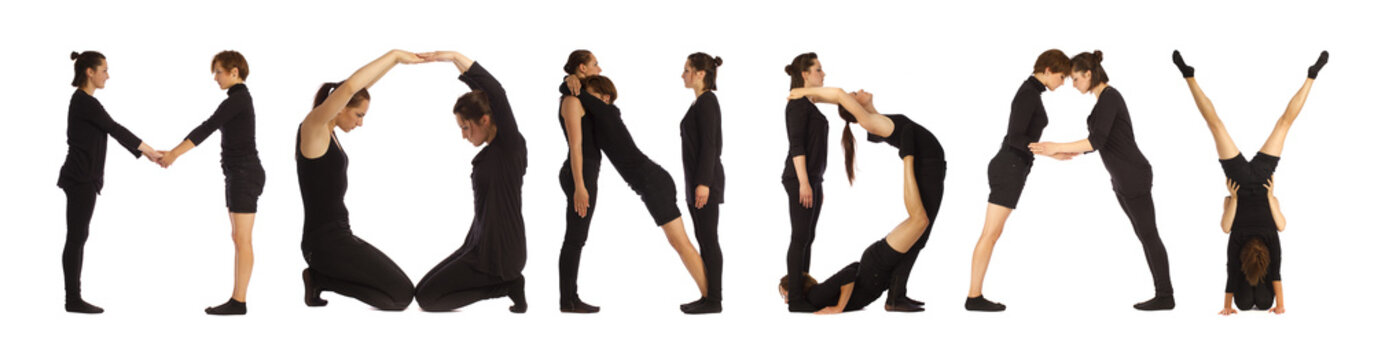 Black dressed people forming word MONDAY