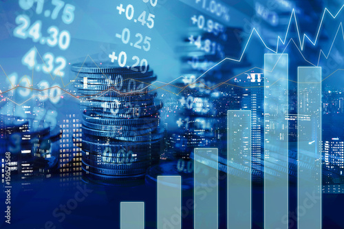 Fotografía Double exposure of graph, stock display and rows of coins for finance and bankin