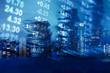 Double exposure of stock display and money for finance and business concept

