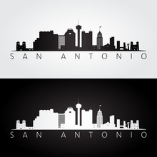 San Antonio USA Skyline And Landmarks Silhouette, Black And White Design.