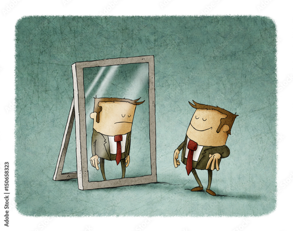 Happy businessman in front of a mirror where it looks reflected sad. Stock  Illustration | Adobe Stock, image size:1000x789