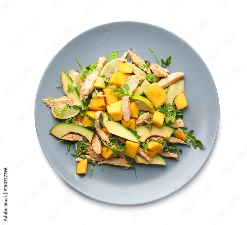 Plate with chicken salad on white background