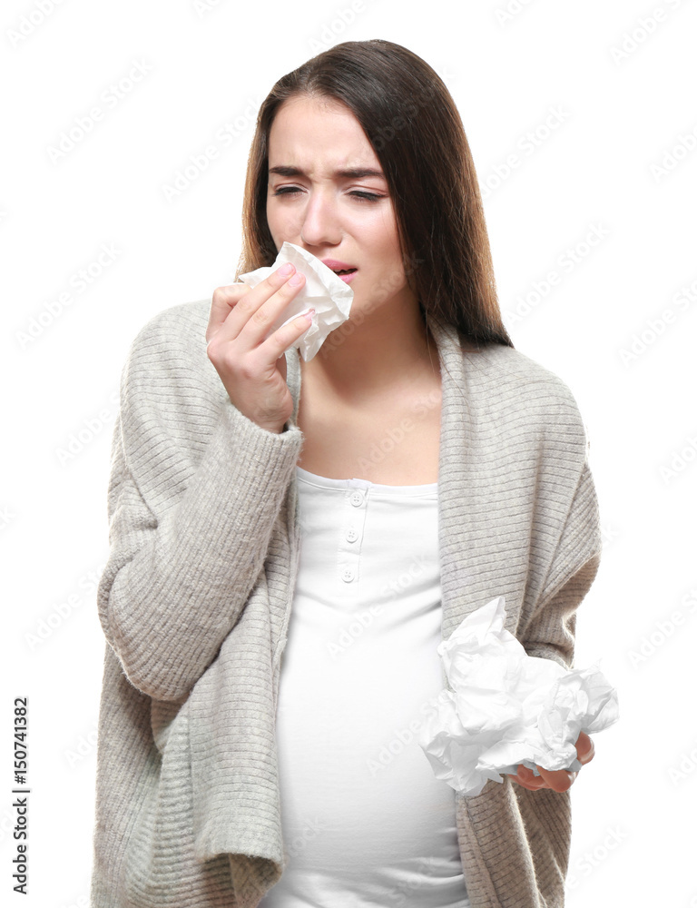 Crying pregnant woman on white background