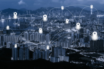 map pin flat on blue tone hong kong cityscape background and network connection concept - network bu