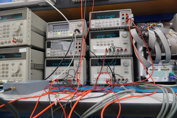 electronics test bench setup with test equipment