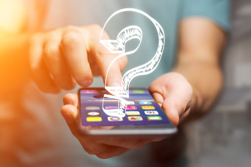 Poster - Hand drawn question mark icon going out a smartphone interface of a man at the office - technology concept
