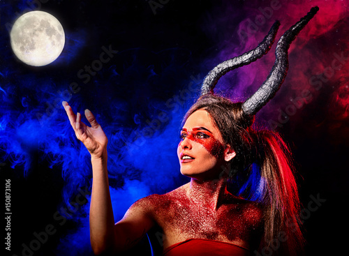 Black Magic Ritual Of Mad Satan Woman Cry In Hell Halloween Witch Reincarnation Mythical Creature On Sabbath Night Sky Moon With Fog Mythical Zodiac Horoscope Capricorn Aries Taurus Astrology