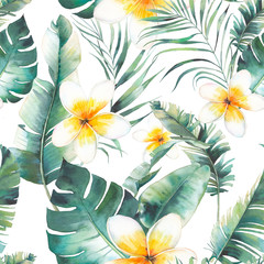 Fototapeta Summer plumeria flowers, palm tree and banana leaves seamless pattern. Watercolor floral texture with exotic flowers, green branches on white background. Hand drawn tropical wallpaper design