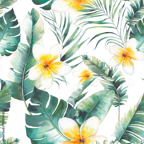 Nowoczesny obraz na płótnie Summer plumeria flowers, palm tree and banana leaves seamless pattern. Watercolor floral texture with exotic flowers, green branches on white background. Hand drawn tropical wallpaper design