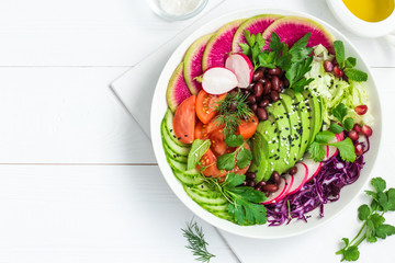 Sticker -  Avocado, red bean, tomato, cucumber, red cabbage  and watermelon radish  vegetables salad