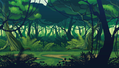 a high quality horizontal seamless background of landscape with deep jungle forest.