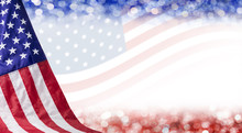American Flag And Bokeh Background With Copy Space For 4 July Independence Day And Other Celebration