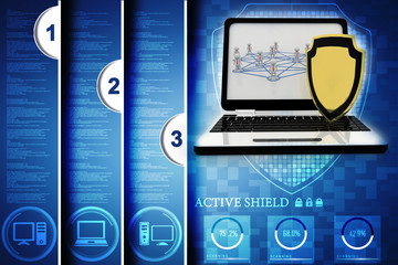 Poster - laptop with shield. Isolated 3d rendering image
