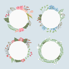 Wall Mural - Set of four vector round floral frames for your card or invitation on blue background