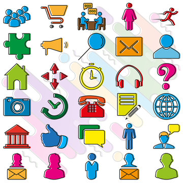 Set of colored vector icons with shifted fill on the theme of connection and communication.