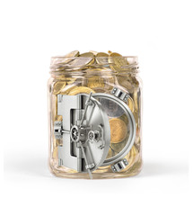 Wall Mural - Open safe doors on a glass jar with coins