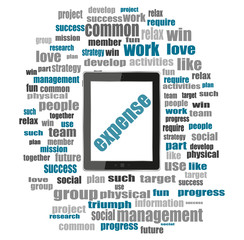 Poster - word expense. Business concept . Word collage with tablet pc