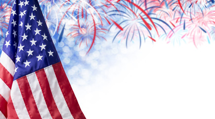 Wall Mural - American flag and bokeh background with firework and copy space for 4 july independence day and other celebration