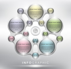 Wall Mural - Abstract info graphic with circle elements. 5 parts concept. Can be used for workflow layout, banner, number options, step up options, diagram, web design. Vector illustration. Eps10.