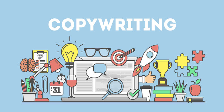 Copywriting concept illustration on bue background. Workplace with icons.