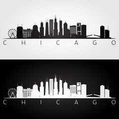 Chicago USA skyline and landmarks silhouette, black and white design.