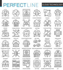 Fototapete - Cloud data technology services outline concept symbols. Perfect thin line icons. Connection modern stroke linear style illustrations set.