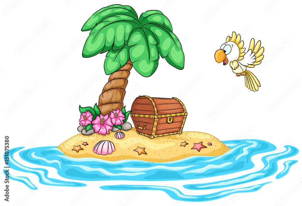 Niedliche Schatzinsel Mit Kakadu Vektor Illustration Stock Gamesageddon