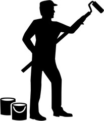 Poster - Painter silhouette with roller and paint buckets