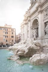 Trevi fountain at sunrise, Rome, Italy. Rome baroque architecture and landmark. Rome Trevi fountain is one of the main attractions of Rome and Italy