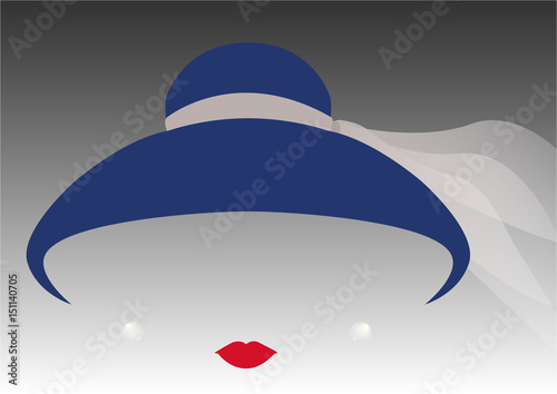 Fotomural portrait retrò woman, diva with hat and pearls, minimal Audrey vector illustrati