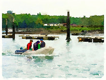 Digital Watercolor Of Men In A Small Inflatable Dinghy Motoring On A River. With Space For Text.
