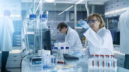 Wall Mural - Elevated Footage of High Tech Ultra Modern Laboratory with Scientists Conducting experiments, Working on Computers, Looking at Substance under Microscope and Mixing Chemicals.