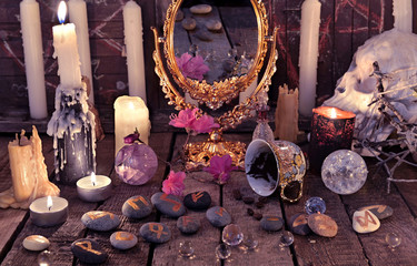 Poster - Mystic still life with coffee reading, magic mirror skull, burning candles and stone runes