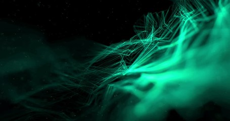 Wall Mural - abstract stream wave array colorful glitter sparkle green lines with particles on black background technology concept